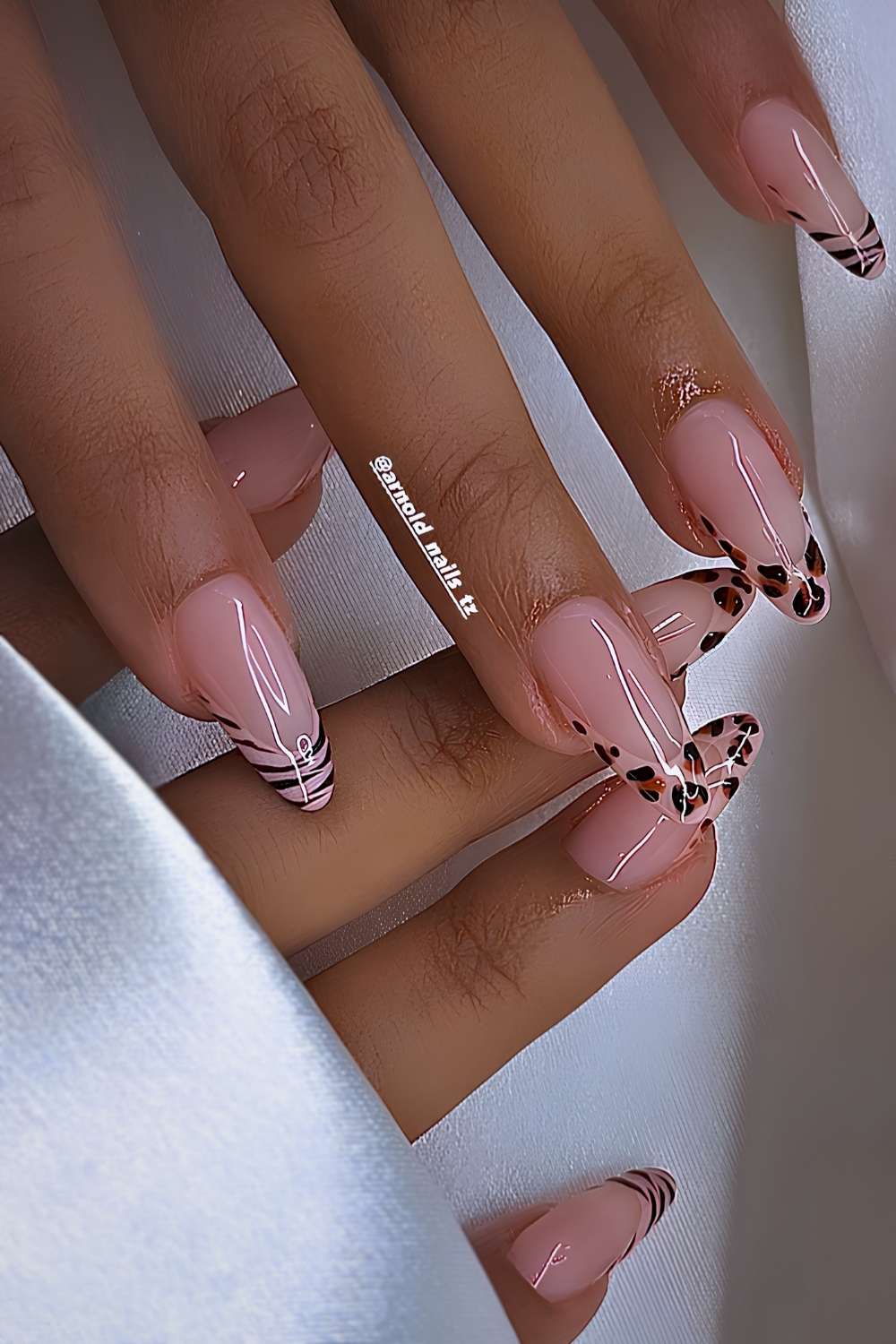 Long Almond Leopard Print Gold Stud Accents Long Almond Leopard Print Gold Stud Accents — Zebra Print Nails
