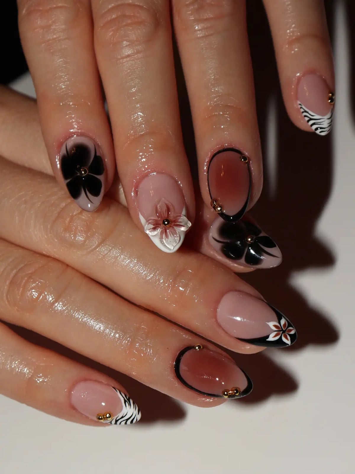 Almond Mixed Media French Tip Nails Almond Mixed Media French Tip Nails — Zebra Print Nails