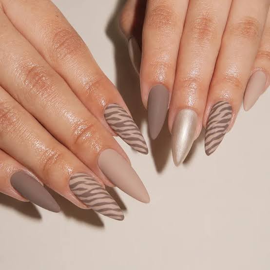 Long Stiletto Matte Taupe Zebra Print Nails Long Stiletto Matte Taupe Zebra Print Nails