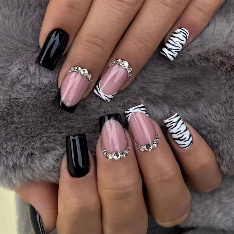 Short Square Zebra French Tips with Rhinestones Short Square Zebra French Tips with Rhinestones — Zebra Print Nails