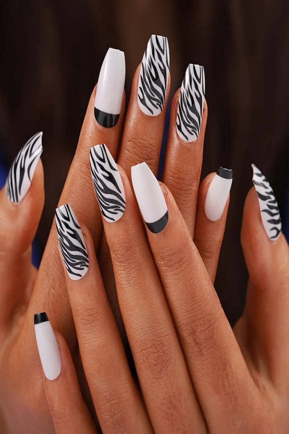 Long Coffin White Black French Tip Zebra Accents Long Coffin White Black French Tip Zebra Accents — Zebra Print Nails