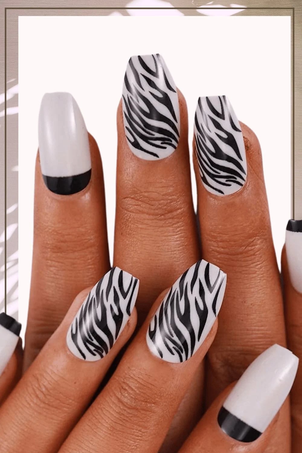 Long Coffin Zebra Print French Tips Long Coffin Zebra Print French Tips — Zebra Print Nails