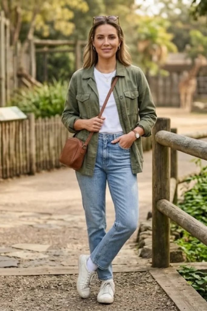Olive green utility jacket with blue jeans Olive green utility jacket with blue jeans — Zoo Outfits
