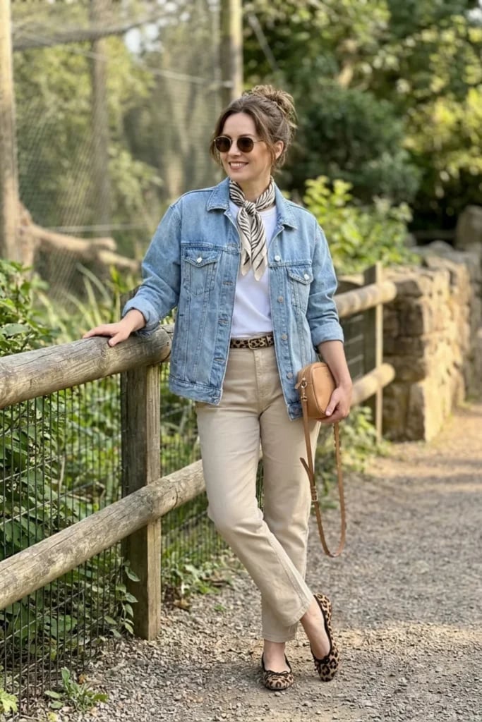 Denim jacket with leopard print belt and flats Denim jacket with leopard print belt and flats — Zoo Outfits