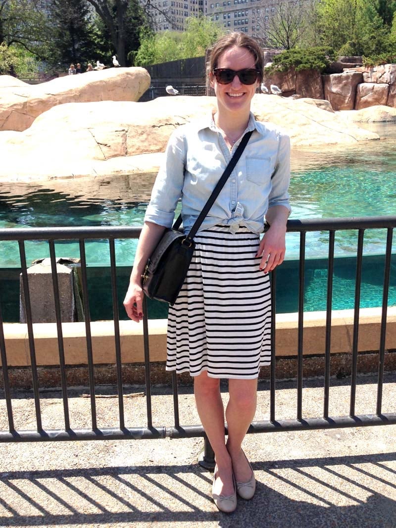Denim shirt tied over striped wrap skirt Denim shirt tied over striped wrap skirt — Zoo Outfits