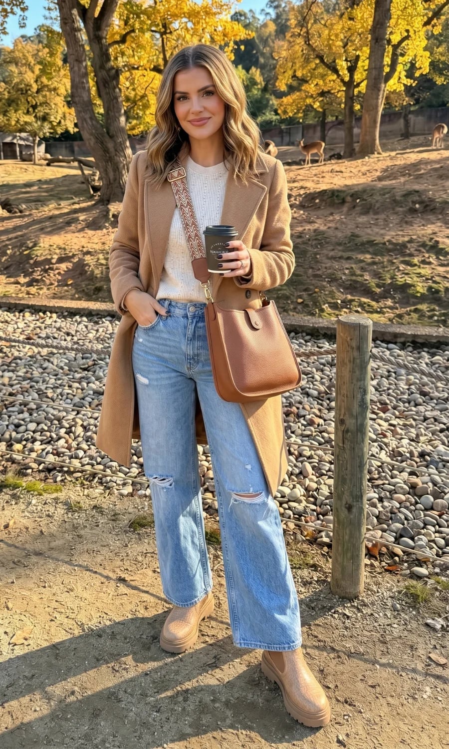 Camel coat over cream knit sweater and ripped jeans Camel coat over cream knit sweater and ripped jeans — Zoo Outfits